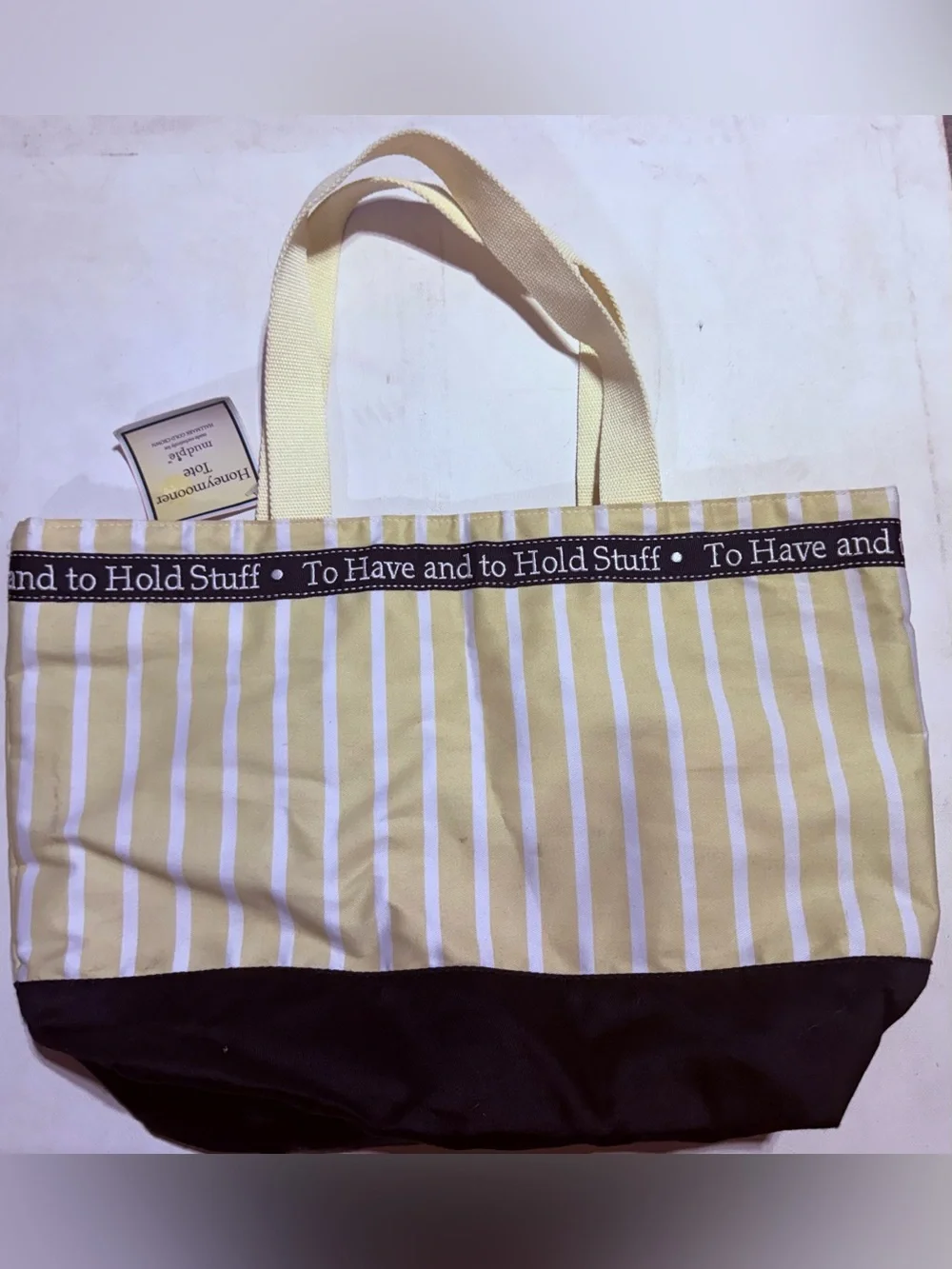 #NWT Mud Pie Honeymooner Yellow and White Stripe Tote with Black Base